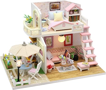 Amazon Cool Beans Boutique ミニチュア 木製ドールハウス Diyキット ピンク 2階建て テラスとダストカバー付き 建築モデルキット 英語マニュアル 家具 おもちゃ