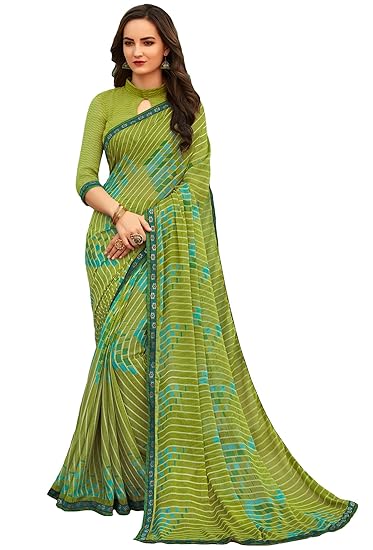 Womens Green Chiffon Printed Saree And Blouse Material_RKRU3305B