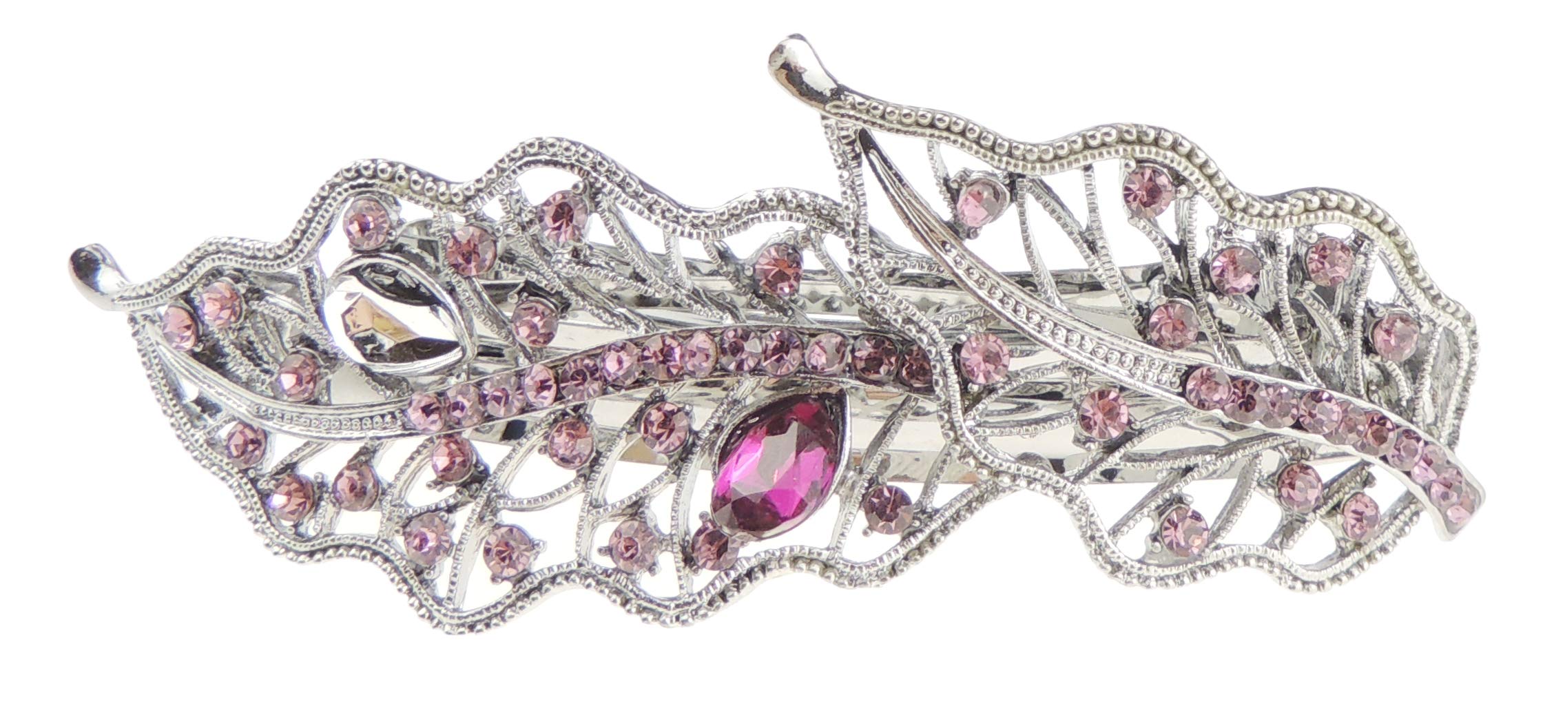 Vintage Look Womens Girls Crystal Rhinestone Diamante Wedding Bridal Party Evening Ponytail Fine Hair Accessories Occasion Barrette Hairpin Grip French Metal Spring Clip Leaf Stencil Leaves (Pink)