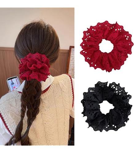 Embroidered Large Scrunchies Elastic Hair Bands 2 pcs Amazon.com : 2 Pcs White Hair Scrunchies Large Hair Ties for  main image 4