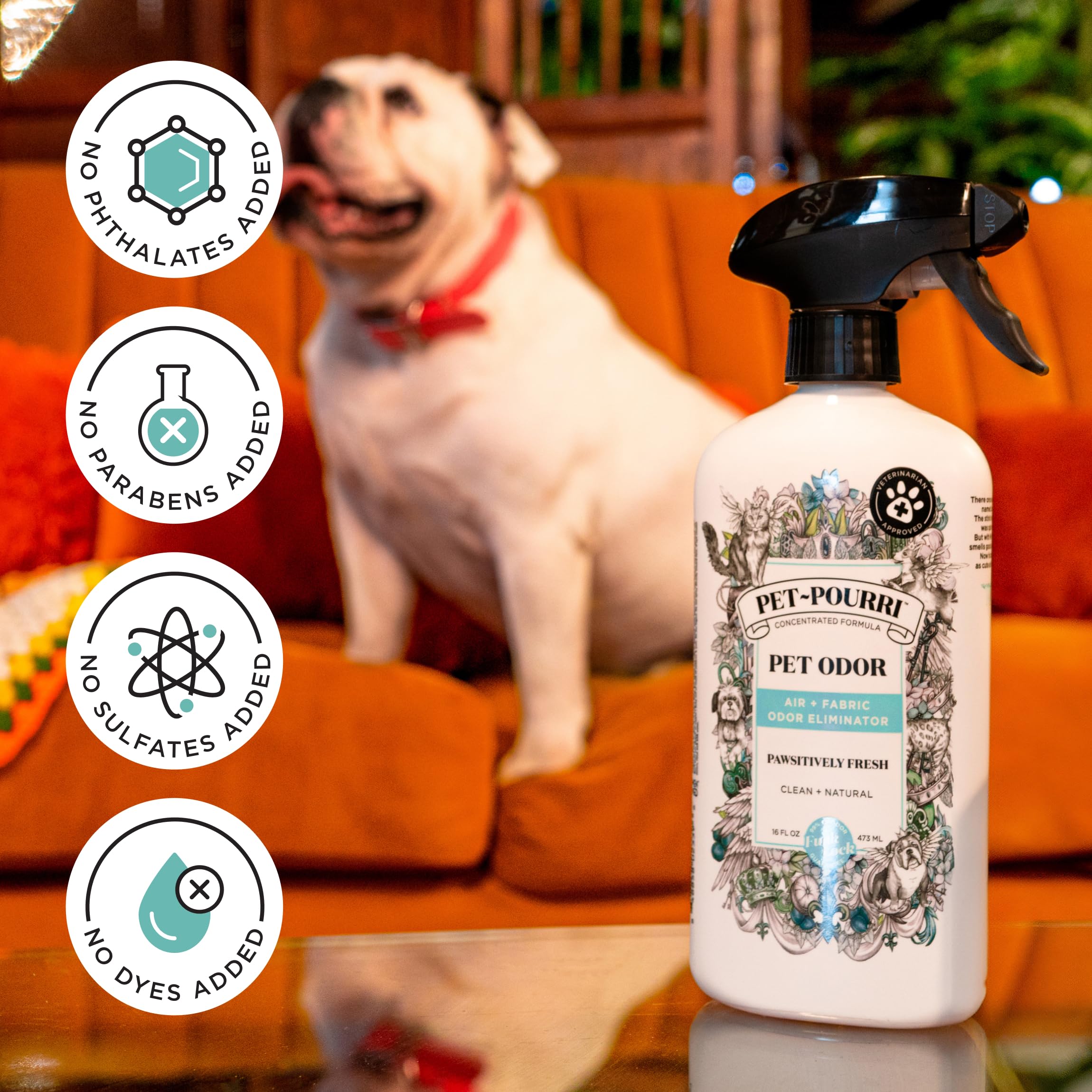 Pet-Pourri Pawsitively Fresh Pet Odor Deodorizer Spray, 16 Fl Oz, Up to 800 Uses, Air + Fabric Odor Remover with Essential Oils & Plant Based Ingredients, Vet Recommended, Pineapple, Jasmine & Pear
