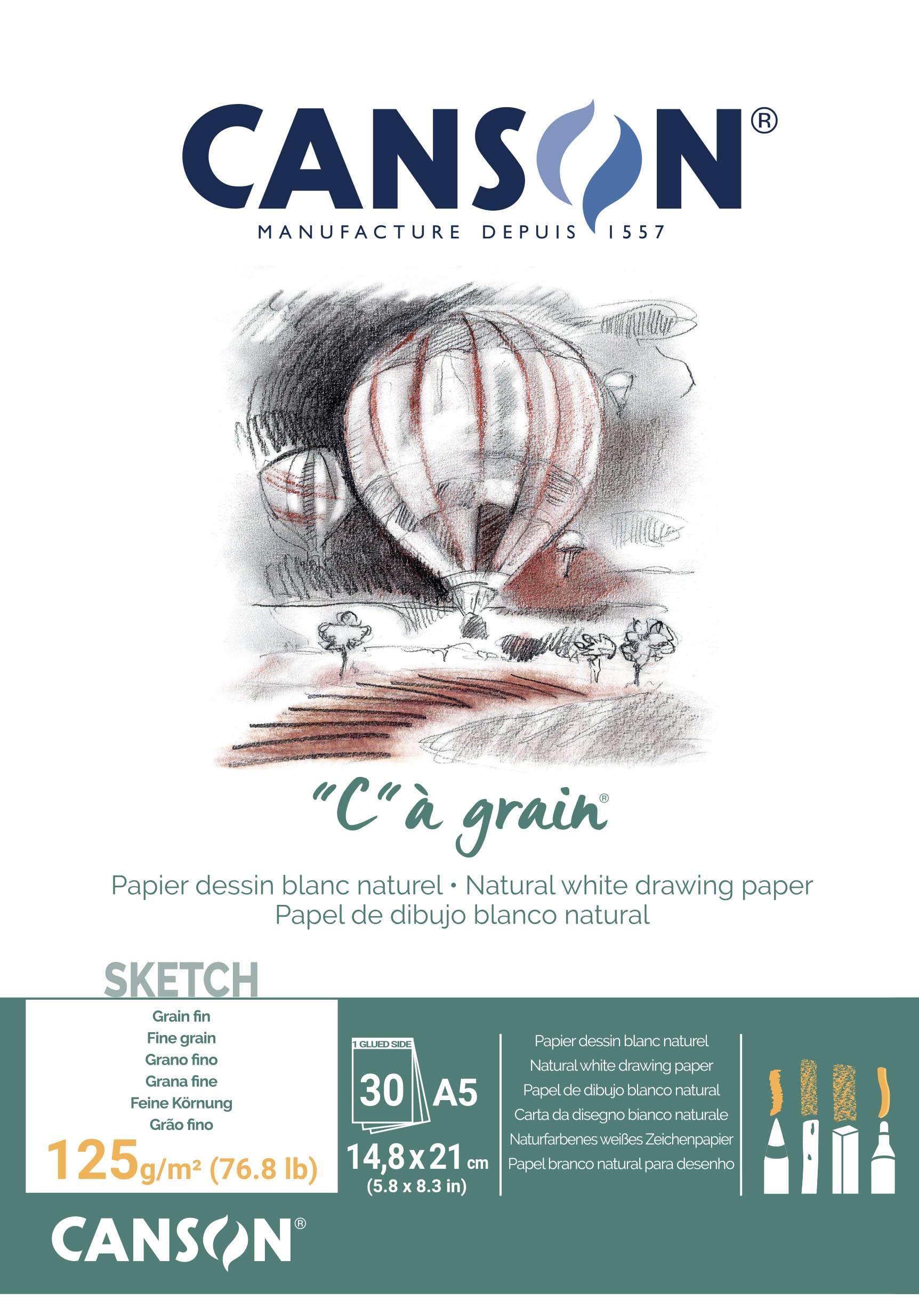Canson "C à Grain A5 125g White Drawing & Sketching Paper Pad, 30 Sheets, Fine Grain Texture, Glued on Short Side, For Professional Artists