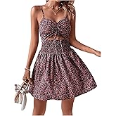 SOLY HUX Women's Summer Floral Print Dress Tie Front Cut Out Shirred A Line Flowy Cami Dresses Vacation Sundress