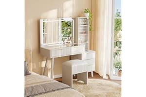 TackView 48" Elegant Fluted Vanity Desk, with Illuminated Mirror and Charging Station, Includes Comfortable Stool for Bedroom