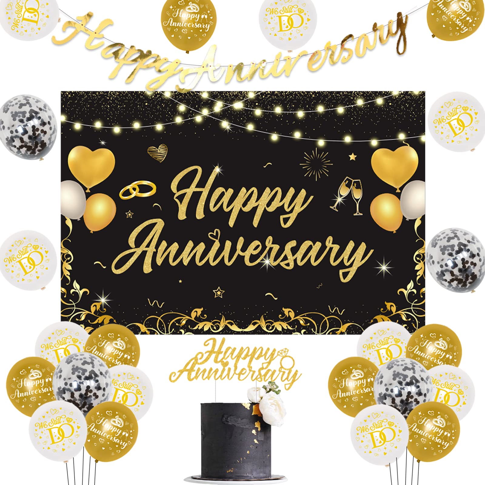 Sursurprise Happy Anniversary Decorations Black Gold, Happy Anniversary Backdrop Banner, Cake Topper, Black Gold Anniversary Balloons, Wedding Anniversary Party Supplies
