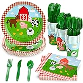 Juvale Farm Themed Party Decorations - 144-Piece Set, Serves 24, 9 In Plates & 9 Oz Cups, Red & White Checkered Animal Design - Farm Birthday Decorations, Party Plates & Napkins