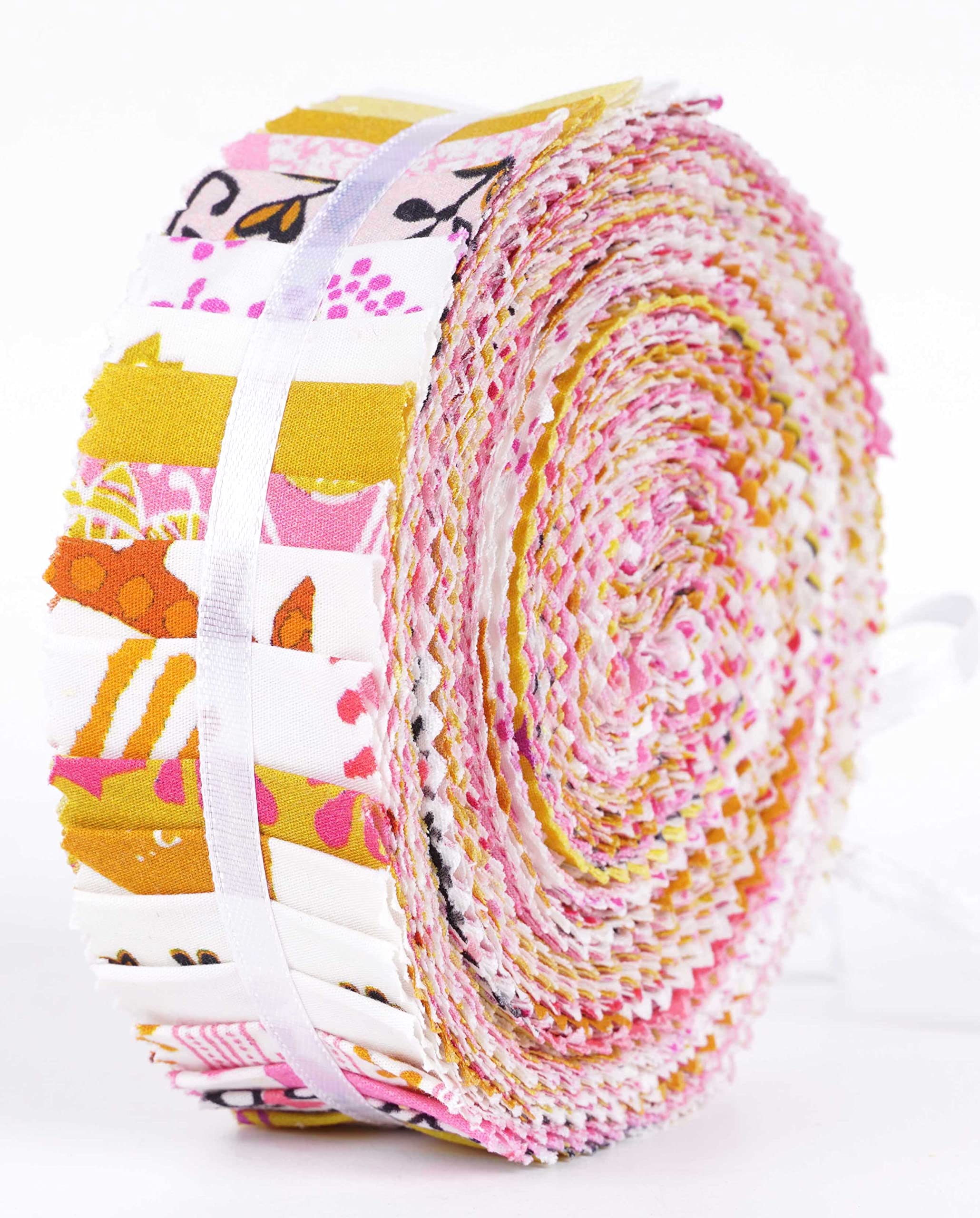Soimoi 40Pcs Block Print Precut Fabrics Strips Roll Up 1.5x42inches Cotton Jelly Rolls for Quilting - Light Pink
