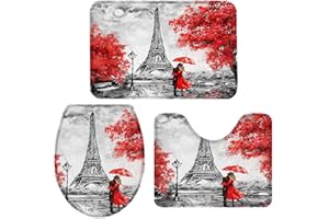 QUEENKER 3 Pieces Bath Rug Set Toilet Seat Cover Embrace Paris Eiffel Tower Red Maple Print Contour Rug, Pedestal Mat and Toilet Lid Cover，Non-Slip Bathroom Floor Mat Size S