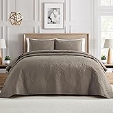 BOURINA Ultrasonic Quilt Set Bedspreads 3-Piece Bedding Set Pre-Washed Microfiber Ultra Soft Lightweight Flower Coverlet Set for All Season, Queen Taupe