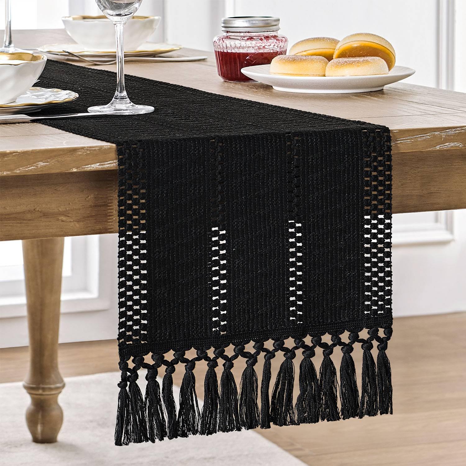 Photo 1 of ZeeMart Macrame Style Boho Table Runner, Black Table Runners 72 Inches Long, Farmhouse Woven Home Decor, 12x72 Inch, Black