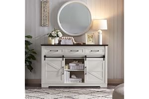 IFBUY Farmhouse Buffet Cabinet with Storage, 53" Coffee Bar Cabinet w/Sliding Barn Door, Rustic Sideboard Buffet Cabinet with 3 Drawers for Dinning Room, Kitchen, Hallway, Living Room (White)