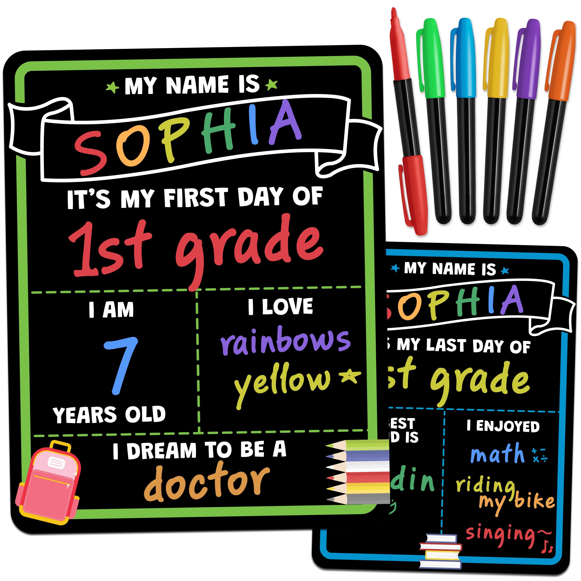 Photo 1 of First Day of School Sign Board with Liquid Chalk Markers - 14”x11” Double-Sided & Reusable - My First and Last Day - Back to School Supplies Board for Kindergarten, Preschool