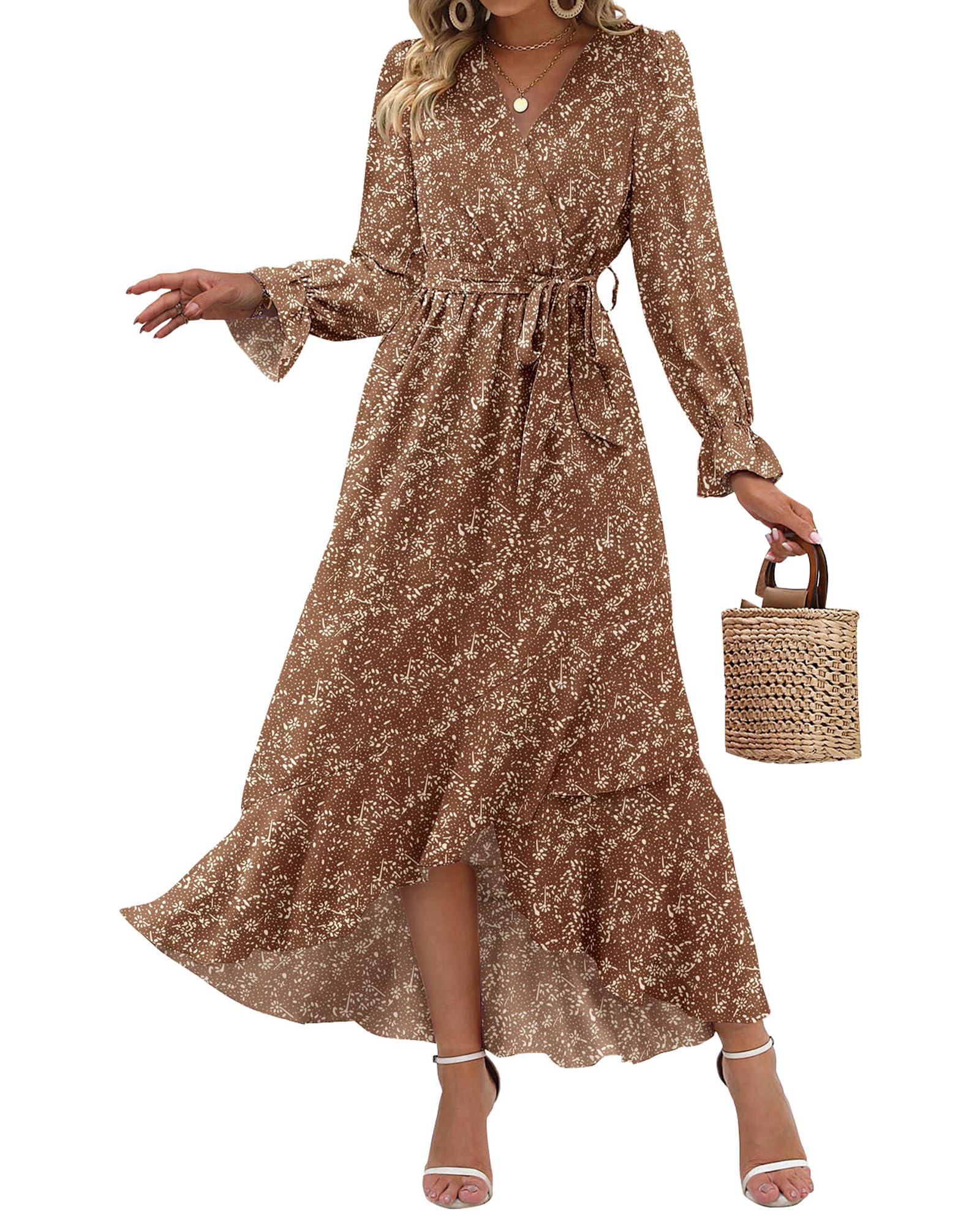 BTFBM Womens Dresses Spring Clothes 2026 V Neck Floral High Waist Ruffle Wedding Guest Cocktail Boho Long Sleeve Dress(Floral Brown, Small)