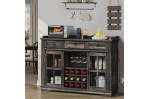 YITAHOME 53" Wine Bar Cabinet for Liquor and Glasses, Farmhouse Kitchen Sideboard Buffet Coffee Bar Cabinets with 3 Drawers and Glass Sliding Barn Door for Kitchen & Living Room, Dark Rustic Oak