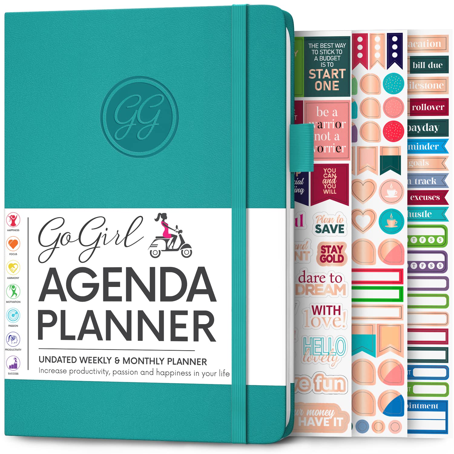 GoGirl Planner Agenda – Colorful Undated Monthly & Weekly Organizer for Women, Journal for Time Management & Productivity (Turquoise)