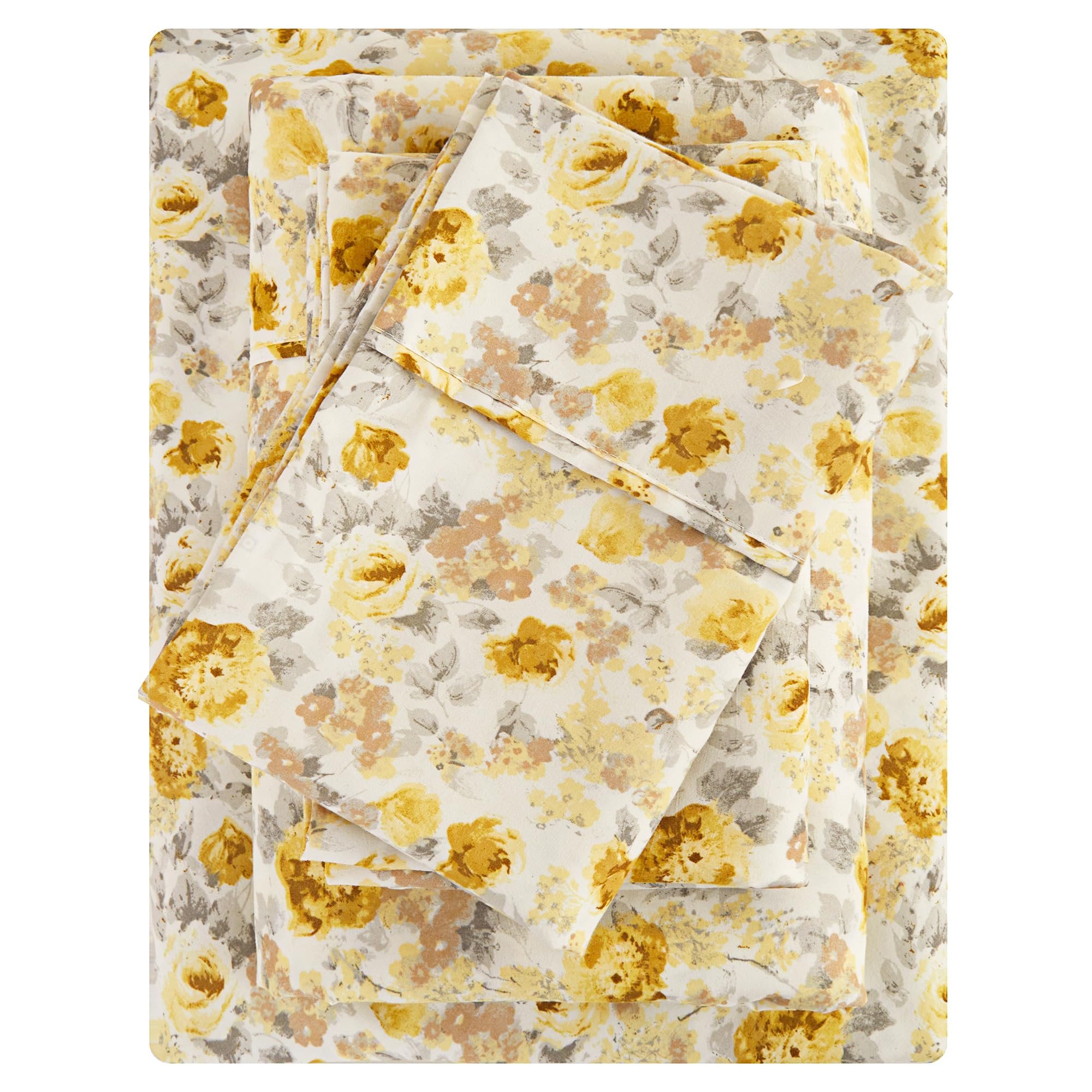 Photo 1 of Viviland Floral Queen Sheet Set 4 Pieces Grey and Yellow Flower Bed Sheet Soft Breathable Brushed Microfiber Bedding Sheets & Pillowcases Wrinkle Free Fitted Sheets with 15" Deep Pocket for Queen Size