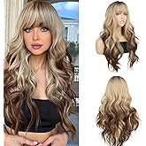 onemily Long Ombre Brown Blonde Wig with Bangs Curly Wavy Wigs for Women Synthetic Hair Replacement Blonde Wig with Dark Roots for Party Cosplay Use