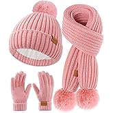 Kids Winter Hat Scarf Gloves Set - Girls Boys Fleece Lined Beanie Hat with Pom Knit Scarf Warm Mittens for Children