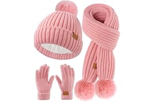 HAVCCDI Kids Winter Hat Scarf Gloves Set - Girls Boys Fleece Lined Beanie Hat with Pom Knit Scarf Warm Mittens for Children