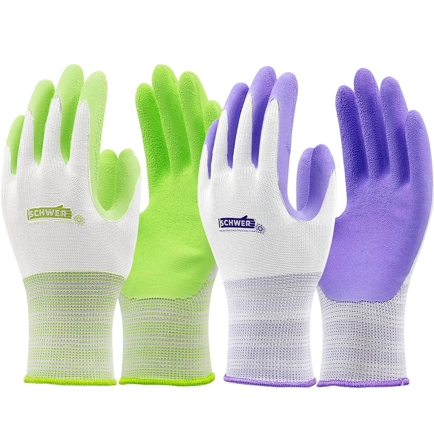 Schwer Gardening Gloves for Women Men 6 Pairs Latex Coated Garden Work Gloves for Digging Planting Weeding Seeding, Green & Purple(Medium)
