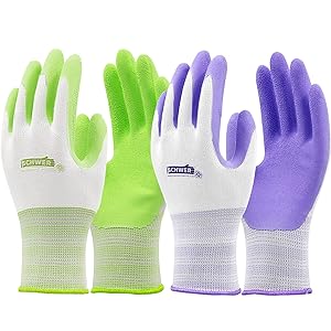 Schwer Gardening Gloves for Women Men 6 Pairs Latex Coated Garden Work Gloves for Digging Planting Weeding Seeding, Green & Purple(Medium)