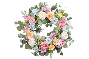 ECERANGUS Spring Wreaths for Front Door,Summer Wreath with Peony Rose and Dahlia Flowers,24 Inch Floral Door Wreath for All Seasons Outside Outdoor Indoor Wall Wedding Holiday Home Decor