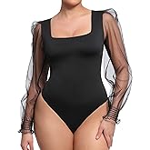 FeelinGirl Long Sleeve Bodysuit Square Neck Shapewear Body Suits Tummy Control Mesh Long Sleeve Bodysuit Going Out Tops