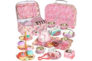 BEIYOQSZ Tea Party Set for Little Girls, 40pcs Princess Tea Time Toy with Food Sweet Treats Playset Carrying Case, Kids Kitchen Pretend Play Toddler Dress Up Tea Set for Girls (Rose)