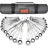 GRENPRO 22PC Ratcheting Wrench Set SAE&amp;Metric Combination Open End Wrenches | 1/4"-3/4"&amp;6-18mm Ratchet Wrenches, Gauge CR-V 72-Tooth 5&deg; Swing 12Pt Mechanic Tools Sets, Roll Pouch for Auto &amp; Home Repair