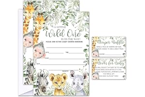 Geuro Set of 25 Baby Shower Invitations with Envelopes, Diaper Raffle Tickets and Baby Shower Book Request Cards, Jungle Animals