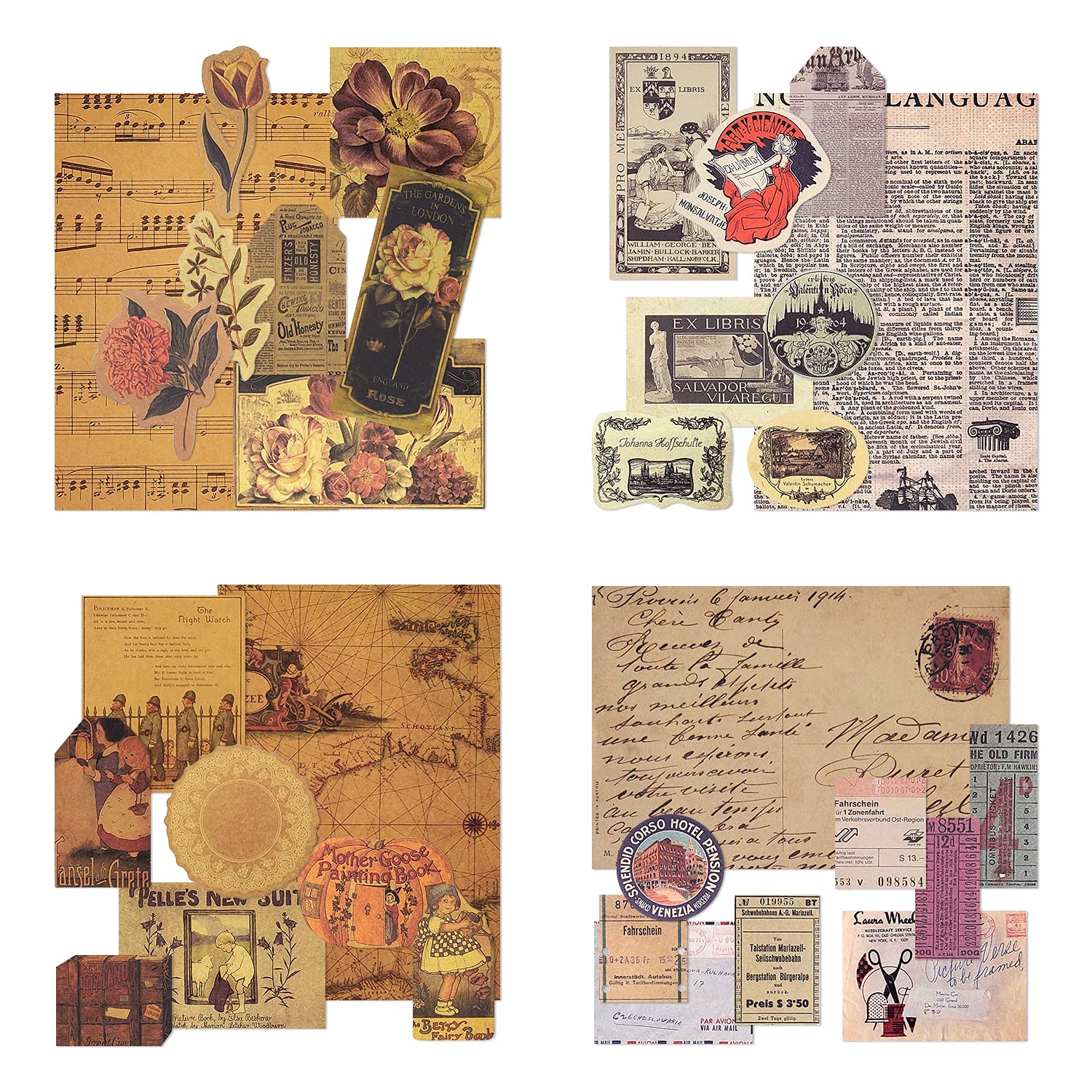 Mayplous 4 Packs Vintage Pattern Paper Set Scrapbook Paper Decorative Paper Kraft Paper with Print Single-Sided in Various Sizes and Shapes for Card Making Paper Craft Die Cutting Collage (Artistic)