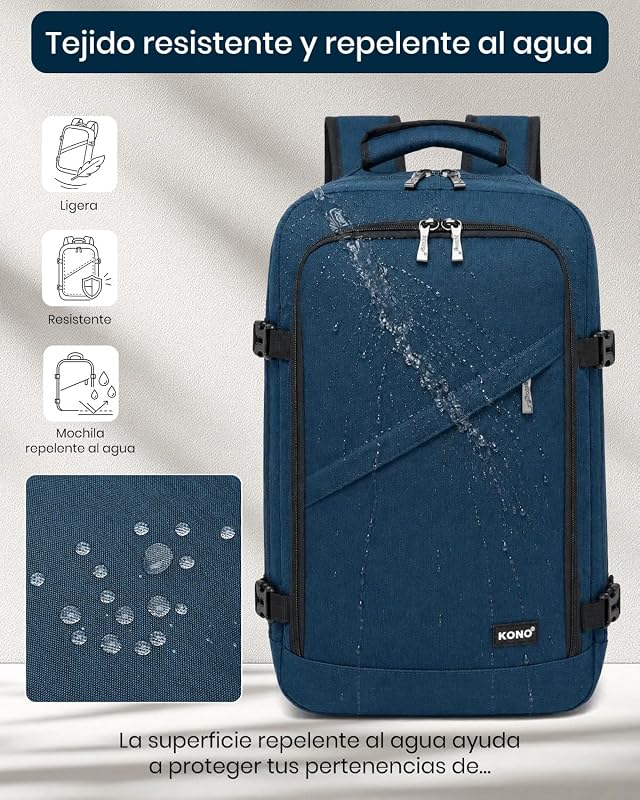 Mochila de viagem 40x20x25, uma mochila de cabine masculina que serve como bagagem de mão, com abertura de 180°, alça de bagagem e traseira respirável (azul) — foto 4 de 7