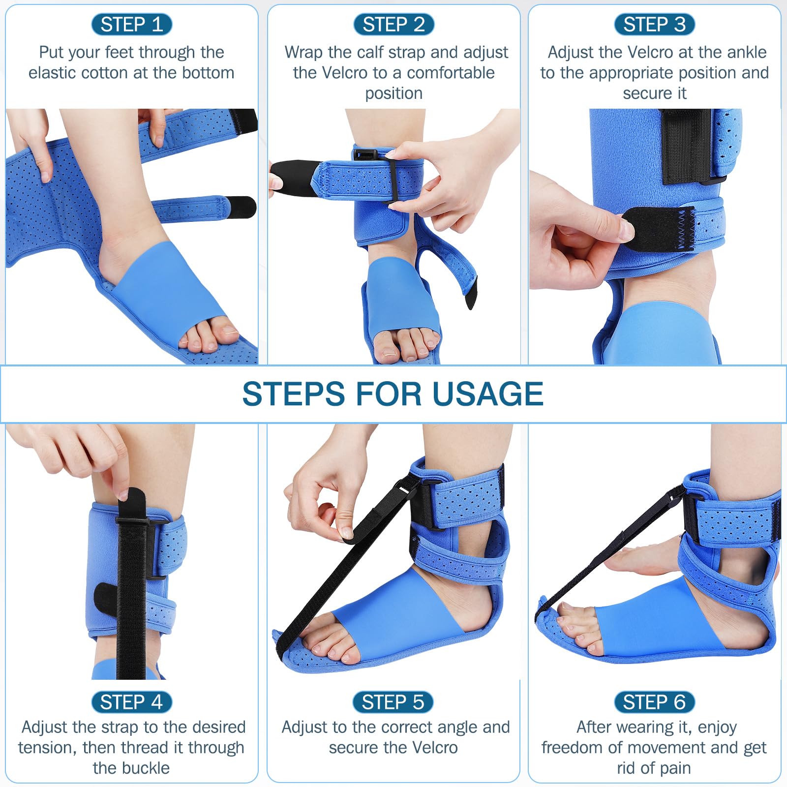 Upgrade Plantar Fasciitis Night Splint & Relief Brace with Adjustable Straps - Support for Achilles Tendonitis, Heel Spur Pain, Day & Night Use(1, Blue)