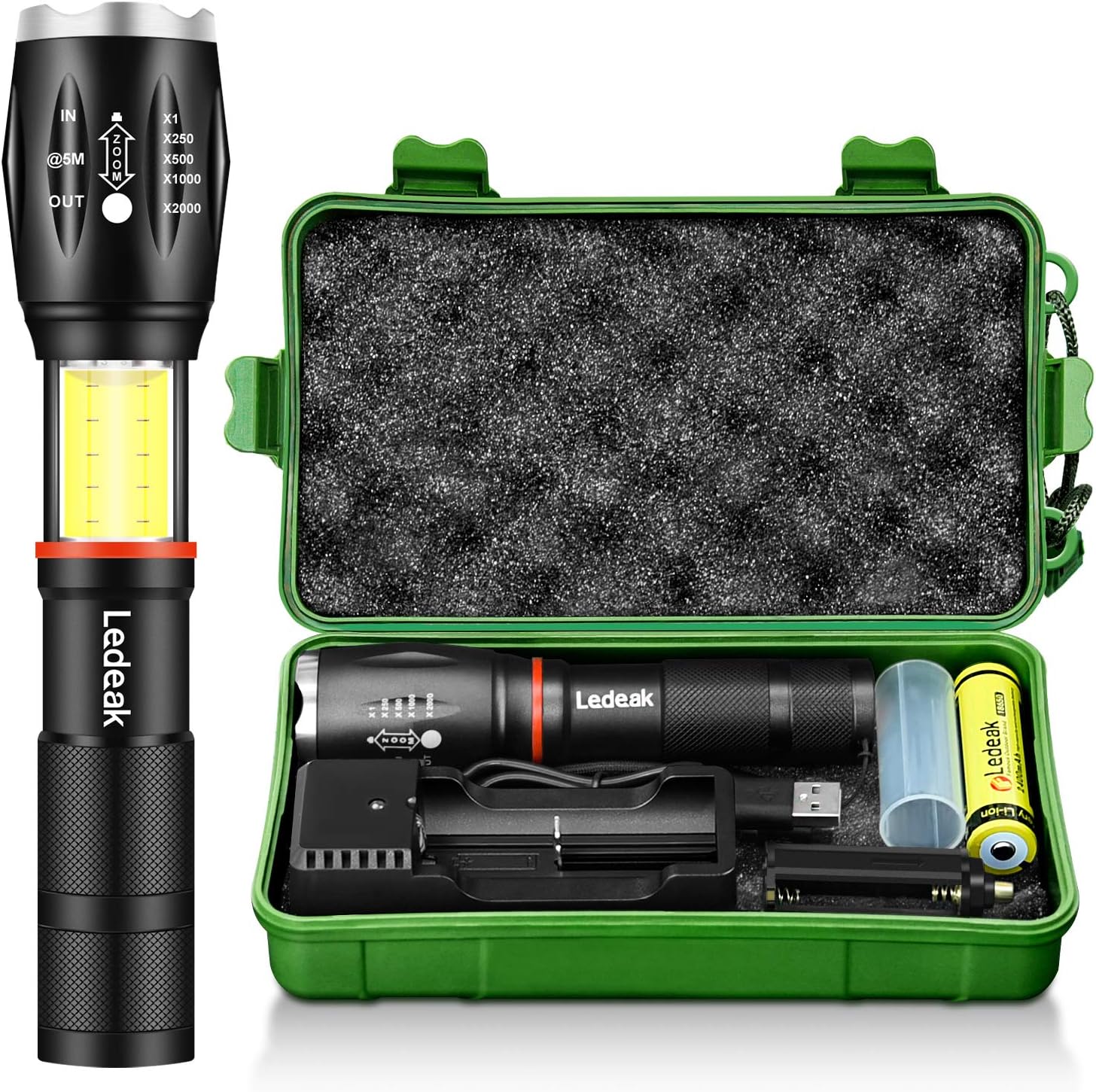 LED Tactical COB Flashlight, Ledeak CREE T6 1000 Lumens Ultra Bright Powerful Tail Magnet Flashlight, 6 Modes Waterproof Handheld Zoomable Work Light, Rechargeable Battery + USB Charger Included