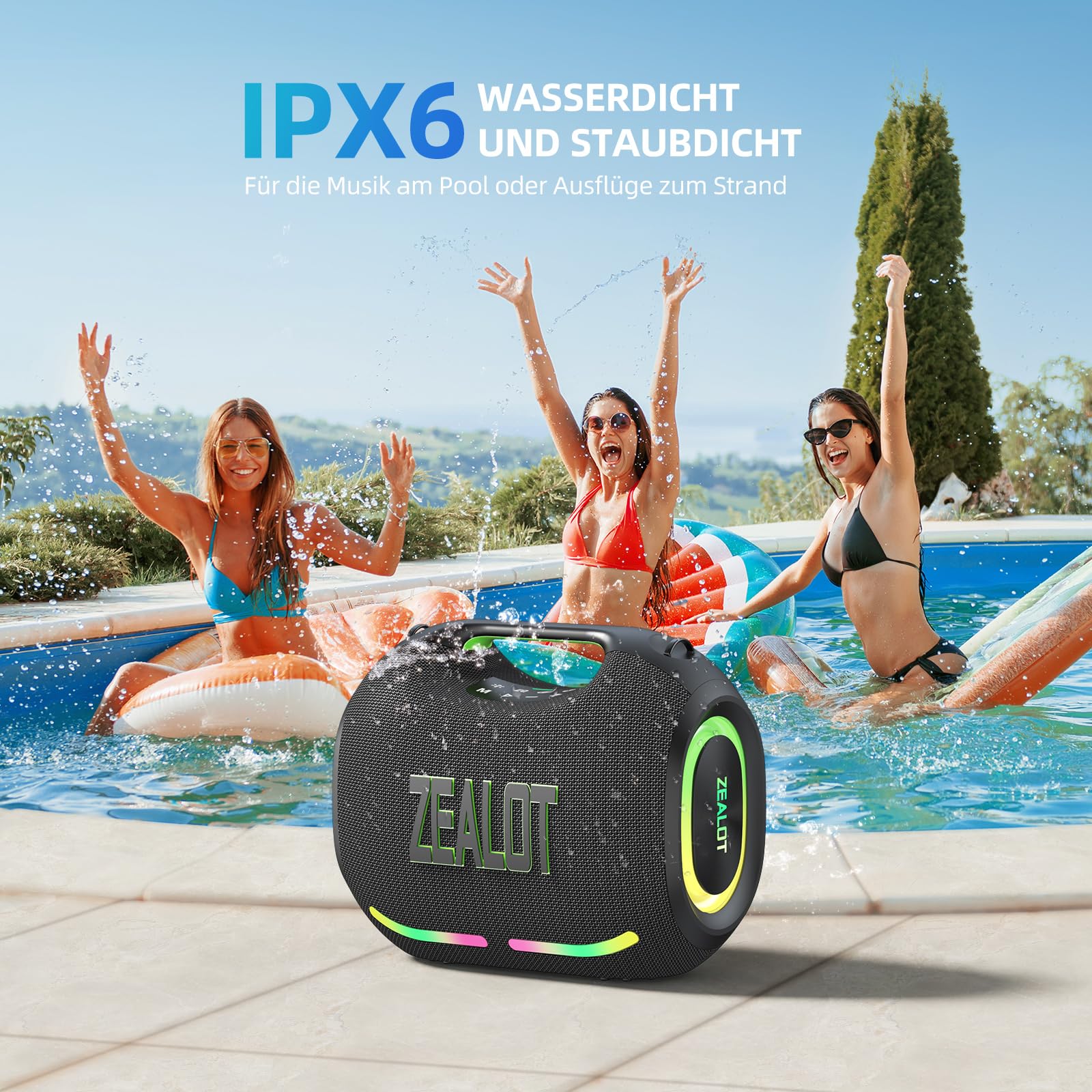 ZEALOT Tragbarer Bluetooth Lautsprecher,150W Peak,BassUp Technologie,120W Stereo Sound,RGB-Lichter,BT 5.3,USB-C,24000 mAh,IPX6 wasserdicht,Lautsprecher für Camping,Strand,Partys 3