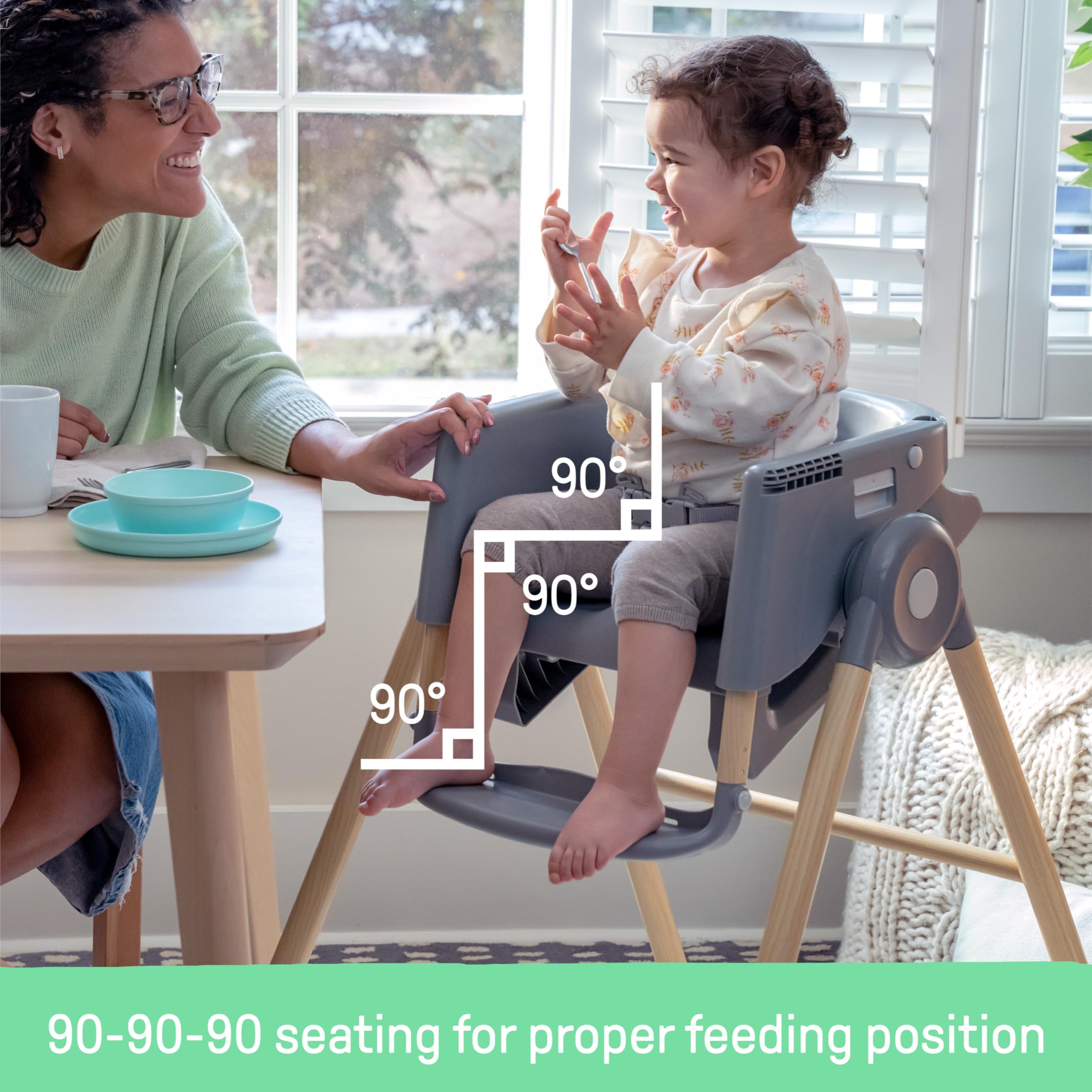 Ingenuity Proper Positioner Deluxe High Chair - 7-in-1 Convertible Baby Seat, Faux Wood Print Legs, Unisex, for Ages 0-36 Months