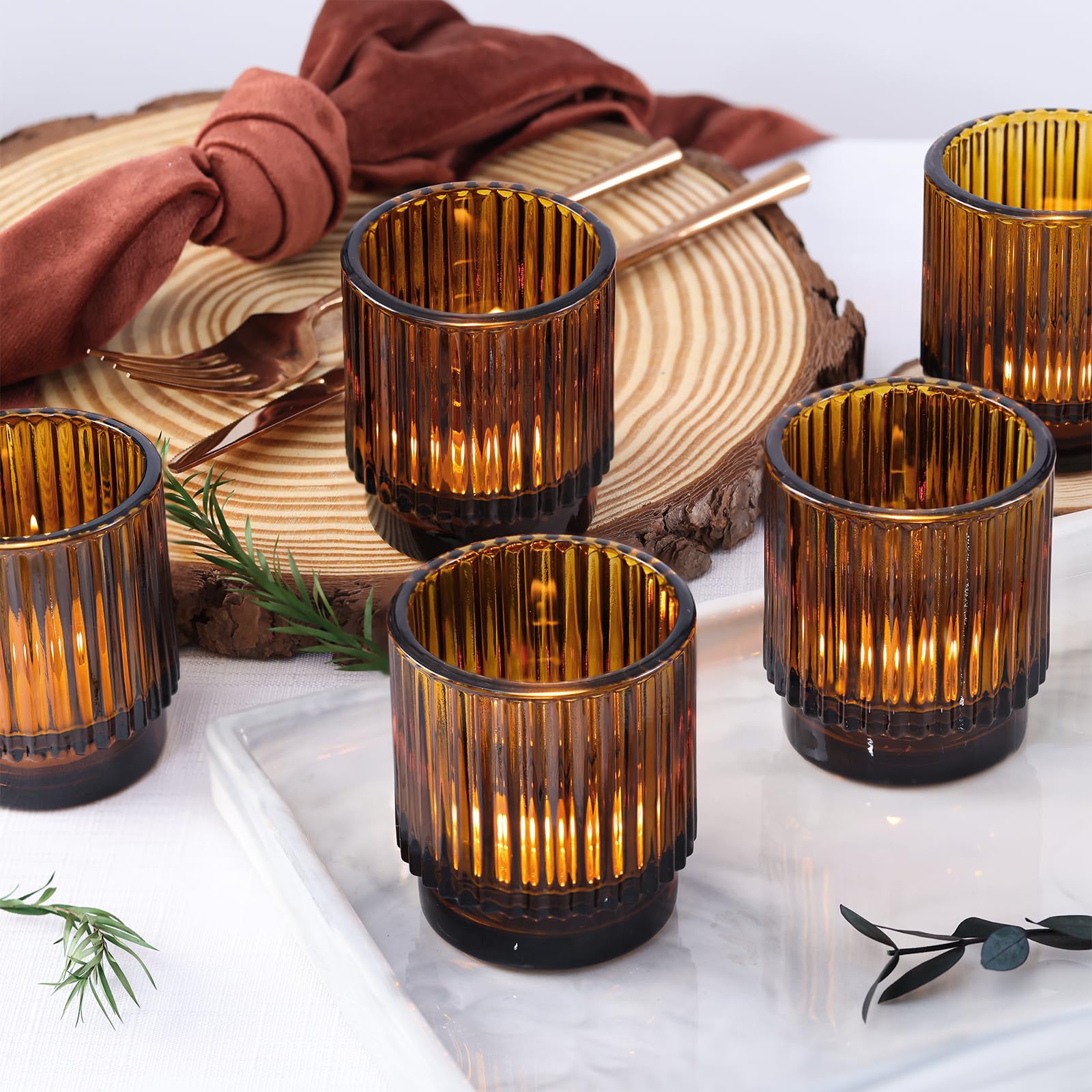 Photo 1 of 16 Pcs Large Amber Votive Candle Holders, Tealight Ribbed Candle Holders Glass for Thanksgiving Decorations, Amber Glass Candle Holder, Vintage Boho Christmas Table Decorations,
