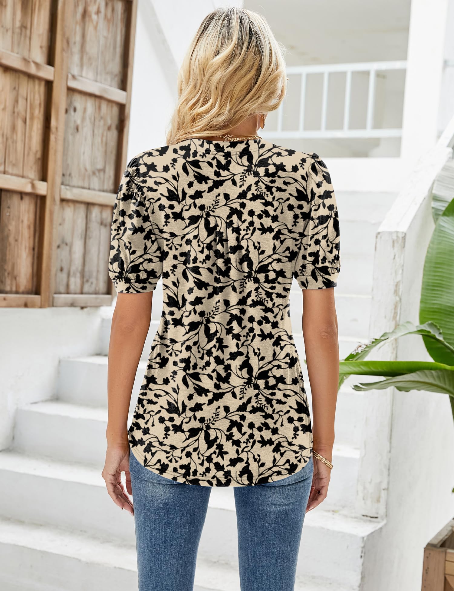 EFFAN Womens Tunic Tops Short Sleeve Summer T Shirts Ladies Blouses Floral Printed Fashion Top Floral_Apricot M (UK 12-14)