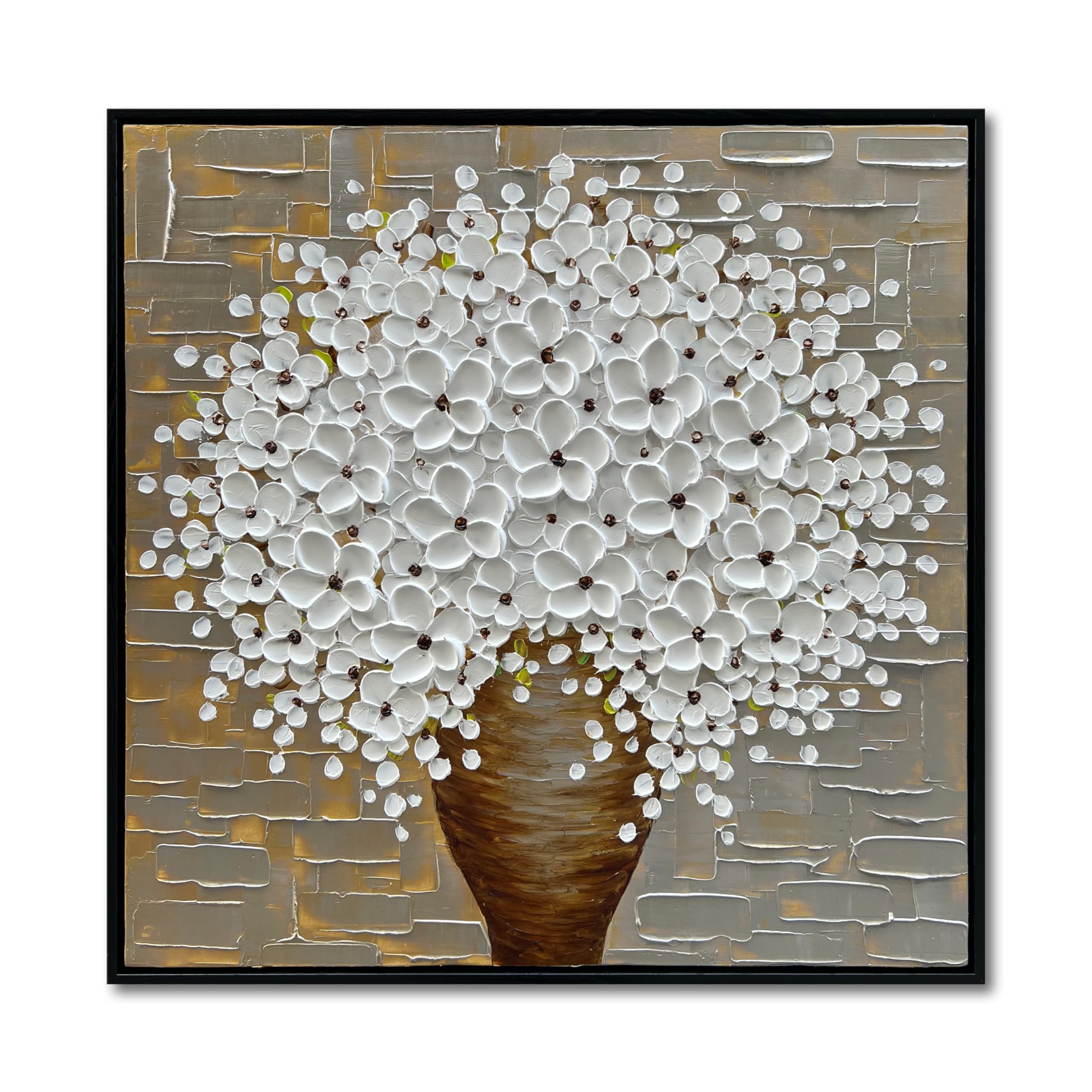 Handgemaltes Ölgemälde Auf Leinwand – Weiße Blume, 100x70 Cm, Mit Holzrahmen, Für Wohnzimmer & Flur