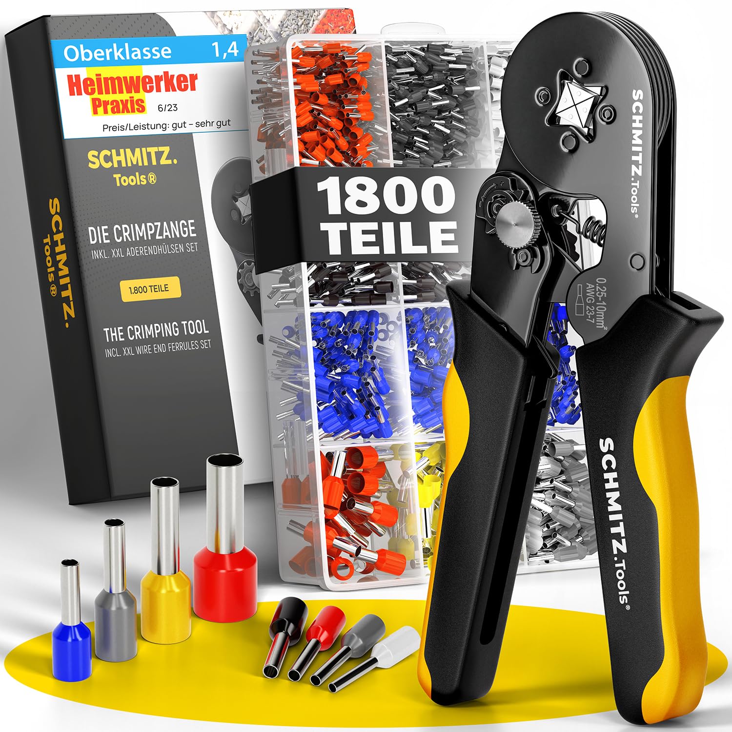 SCHMITZ.Tools Crimpzange mit 1.800 Aderendhülsen Set - Für saubere Crimps wie vom Fachmann - Selbsteinstellend [0,25–10mm²] - Geprüfte Zange, die du wirklich brauchst