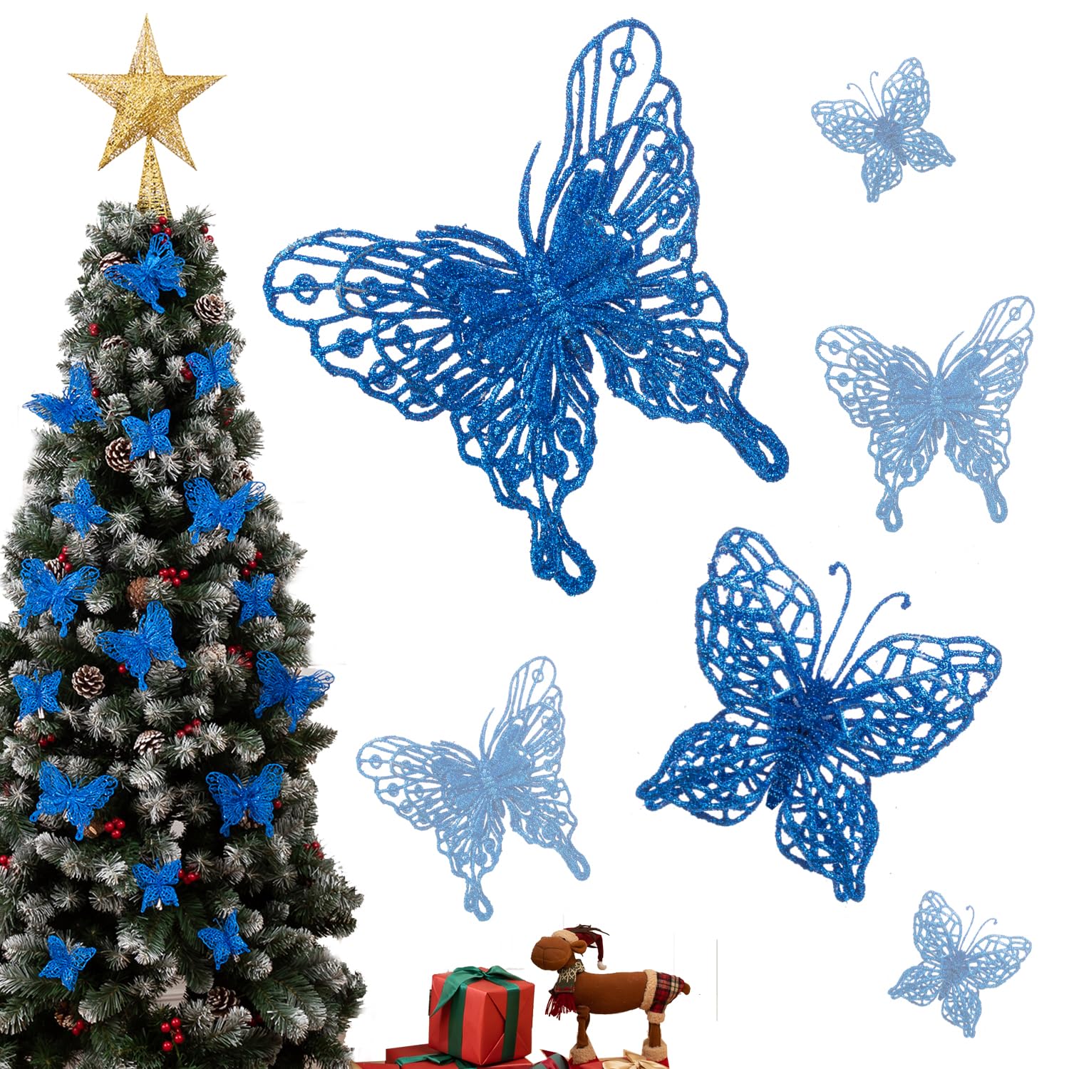 Photo 1 of 16 Pcs 2 Size Christmas Tree Butterfly Decorations, Glitter Hollow Butterfly Ornaments for Christmas Tree and Holiday Crafts, Royal Blue