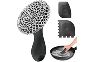 SUBEKYU Cast Iron Scrubber with Silicone Handle, Stainless Steel Skillet Cleaner for Cast Iron Pans (Black Scrubber + Scraper)