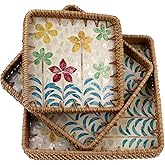 Set of 3 Square Rattan Serving Tray with Mother of Pearl Inlay, Handmade Coffee Table Wicker Woven Tray Basket for Fruit Bread Candle Kitchen Home Boho Decor (Sun Flower)