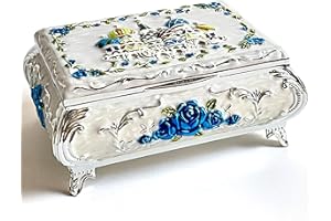 KiteStar Rectangular Vintage Jewelry Chest,Colorful Castle Relief Metal Jewelry Box,Bracelet Necklace Earrings Ring Storage Case for Women (Blue, Medium)