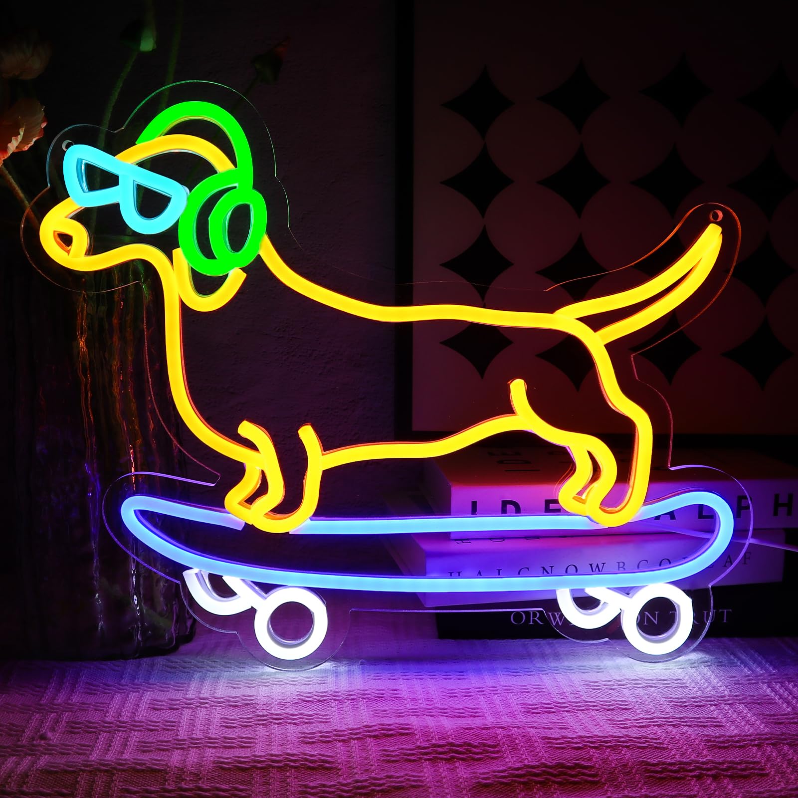 OYCGZV Skateboard Dog Neon Light Sign - Cool Dachshund Neon Sign for Wall Decor Cute Puppy Neon Wall Light USB Led Sign for Bedroom Living Room Home Decor Bar Game Zone Club Man Cave Party Pet Shop