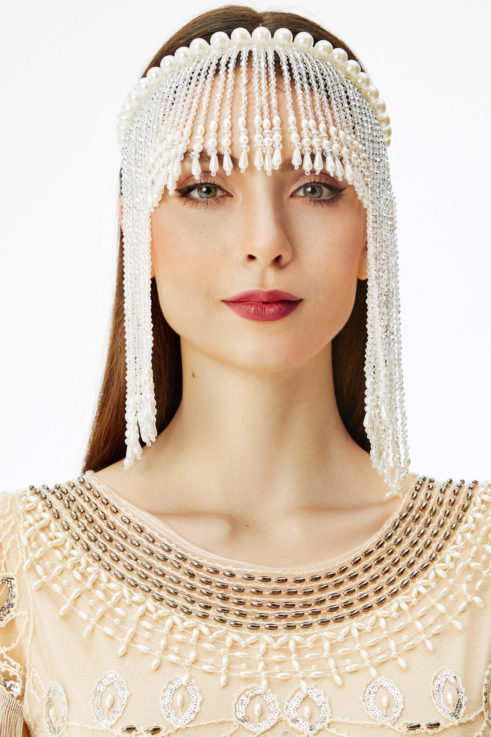 Photo 1 of BABEYOND Pearl Headpiece Wedding Tassel Headband - Vintage Bridal White Headband Party Wedding Hair Accessories for Women