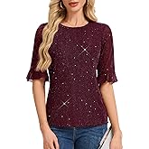 HomRain Womens Ruffle 3/4 Sleeve Sparkle Top Blouses Casual Shirts Crew Neck Glitter Night Out Tops for Elegant Evening