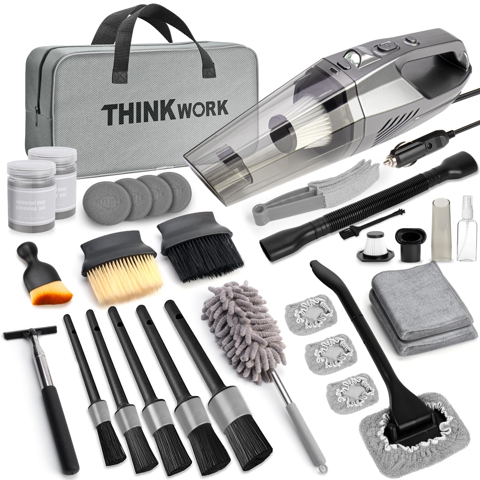 Photo 1 of THINKWORK Car Cleaning Kit, Car Detailing Kit Interior Cleaner with High Power Handheld Vacuum, 10Pcs Detailing Brush and Storage Bag, Gray Auto Interior Cleaning Kit for Men