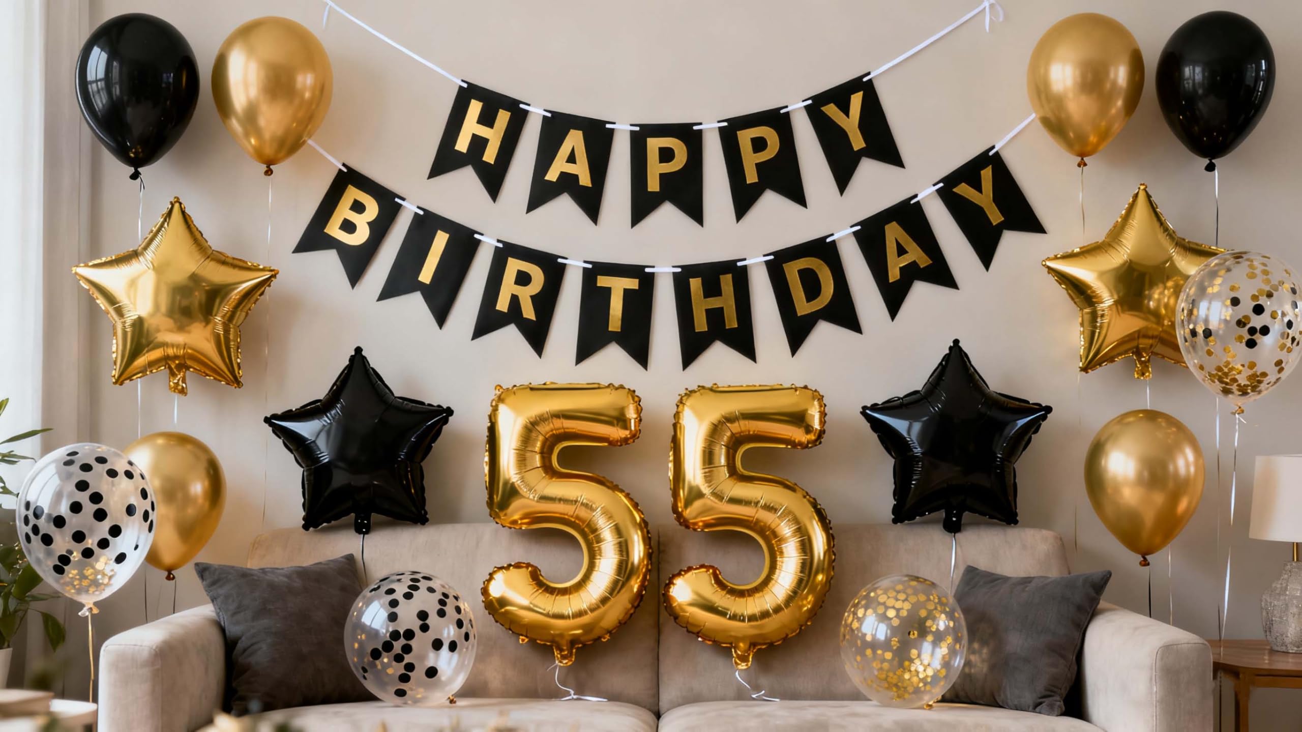 55th Birthday Decorations Black Gold for Men Women, 55th Birthday Banners Number 55 Balloons Star Foil Confetti Balloons for Cheers to 55 Years Old Party Decorations
