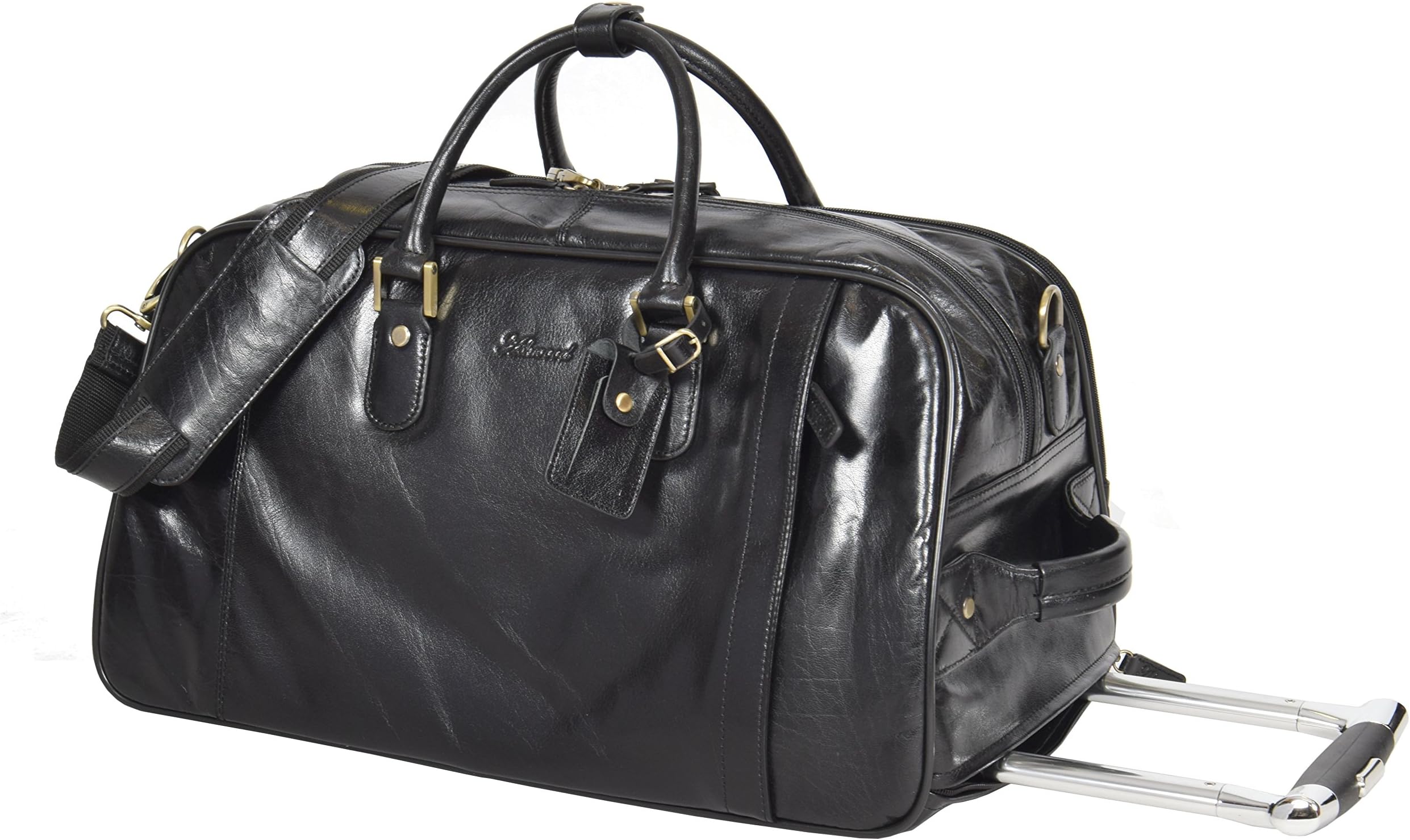 REAL LEATHER Holdall Telescopic Handle Weekend Cabin Travel Trolley Bag Mexico Black